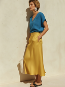 Women's Casual-Chic Cotton-Linen V-Neck Short-Sleeve T-Shirt And Satin Skirt Set ZMZ1287F1ZYY