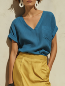 Women's Casual-Chic Cotton-Linen V-Neck Short-Sleeve T-Shirt And Satin Skirt Set ZMZ1287F1ZYY