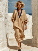 Women's Cotton-Linen V-Neck Paneled Loose Maxi Dress ZMZ1206F6XT