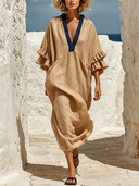 Women's Cotton-Linen V-Neck Paneled Loose Maxi Dress ZMZ1206F6XT