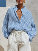Women's Casual Striped Print Stand Collar Long Sleeve Shirt ZMZ1256F8XT