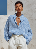 Women's Casual Striped Print Stand Collar Long Sleeve Shirt ZMZ1256F8XT