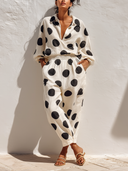 Women's Polka-Dot Print Casual Collared Shirt And Trousers Two-Piece Set ZMZ1263F8XT