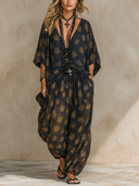 Women's Vintage Print V-Neck Top And Trousers Two-Piece Set ZMZ1252F2XT