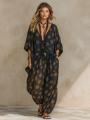 Women's Vintage Print V-Neck Top And Trousers Two-Piece Set ZMZ1252F2XT