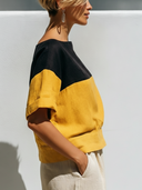 Women's Minimal Resort Style Premium Linen Color Block Boat Neck Cuffed Sleeve Blouse ZMZ1295F0YZH