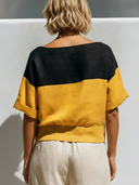 Women's Minimal Resort Style Premium Linen Color Block Boat Neck Cuffed Sleeve Blouse ZMZ1295F0YZH