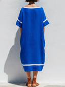 Women's Minimal Casual Style Premium Linen Boat Neck Contrast Trim Midi Dress ZMZ1261F3YZH