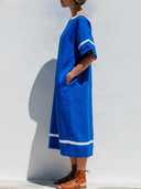 Women's Minimal Casual Style Premium Linen Boat Neck Contrast Trim Midi Dress ZMZ1261F3YZH