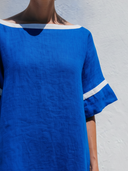 Women's Minimal Casual Style Premium Linen Boat Neck Contrast Trim Midi Dress ZMZ1261F3YZH