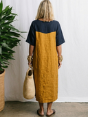 Women's Wabi-Sabi Art Style Premium Linen Color Block Half Sleeve Shift Midi Dress ZMZ1293F2YZH