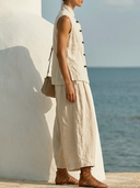 Women's Casual Resort Style Premium Linen Frog Button Vest & Wide Leg Pants Set ZMZ1215F7YZH