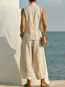 Women's Casual Resort Style Premium Linen Frog Button Vest & Wide Leg Pants Set ZMZ1215F7YZH