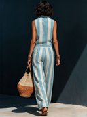 Women's Retro Casual Cotton Linen Striped Zipper Sleeveless Jumpsuit ZMZ1264F5ZJY