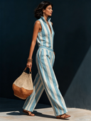 Women's Retro Casual Cotton Linen Striped Zipper Sleeveless Jumpsuit ZMZ1264F5ZJY