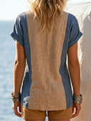 Women's Boho Coastal Style Premium Linen Color Block Roll Sleeve Button Down Blouse ZMZ1238F6YZH