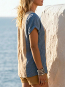 Women's Boho Coastal Style Premium Linen Color Block Roll Sleeve Button Down Blouse ZMZ1238F6YZH
