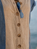 Women's Boho Coastal Style Premium Linen Color Block Roll Sleeve Button Down Blouse ZMZ1238F6YZH