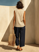Women's Retro Casual Cotton Linen Solid Color Round Neck Sleeveless Top And Pants Set ZMZ1229F8ZJY
