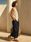 Women's Retro Casual Cotton Linen Solid Color Round Neck Sleeveless Top And Pants Set ZMZ1229F8ZJY