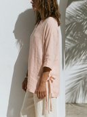 Women's Minimal Resort Style Premium Linen Notch Neck Side Tie Tunic Blouse ZMZ1152F1YZH