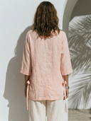 Women's Minimal Resort Style Premium Linen Notch Neck Side Tie Tunic Blouse ZMZ1152F1YZH