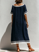 Women's Mediterranean Nautical Style Premium Linen Boat Neck Contrast Trim Midi Dress ZMZ1299F7YZH