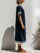 Women's Mediterranean Nautical Style Premium Linen Boat Neck Contrast Trim Midi Dress ZMZ1299F7YZH