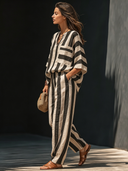Women's Retro Casual Cotton Linen Striped Elbow-Length Sleeve Loose Top And Pants Set ZMZ1256F8ZJY