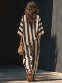 Women's Retro Casual Cotton Linen Striped Elbow-Length Sleeve Loose Top And Pants Set ZMZ1256F8ZJY