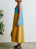 Women's Artistic Boho Style Premium Linen Color Block V-Neck Sleeveless Midi Dress ZMZ1207F2YZH