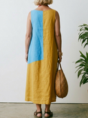 Women's Artistic Boho Style Premium Linen Color Block V-Neck Sleeveless Midi Dress ZMZ1207F2YZH