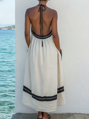 Women's Boho Style Premium Linen Halter Neck Contrast Trim Tiered Maxi Dress ZMZ1079F5YZH