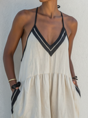 Women's Boho Style Premium Linen Halter Neck Contrast Trim Tiered Maxi Dress ZMZ1079F5YZH