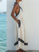 Women's Boho Style Premium Linen Halter Neck Contrast Trim Tiered Maxi Dress ZMZ1079F5YZH