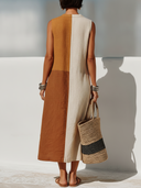Women's Boho Artisan Style Cotton Linen Color Block Sleeveless Button-Down Midi Dress ZMZ1000F3YZH
