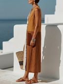 Women's Boho Artisan Style Cotton Linen Color Block Sleeveless Button-Down Midi Dress ZMZ1000F3YZH