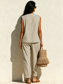 Women's Retro Casual Cotton Linen Striped Sleeveless Loose Top And Pants Set ZMZ1202F7ZJY