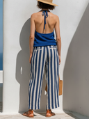 Women's Coastal Casual Style Knit Halter Top & Cotton Linen Stripe Wide Leg Pants Set ZMZ1157F3YZH