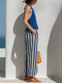Women's Coastal Casual Style Knit Halter Top & Cotton Linen Stripe Wide Leg Pants Set ZMZ1157F3YZH