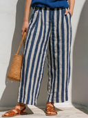 Women's Coastal Casual Style Knit Halter Top & Cotton Linen Stripe Wide Leg Pants Set ZMZ1157F3YZH