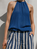 Women's Coastal Casual Style Knit Halter Top & Cotton Linen Stripe Wide Leg Pants Set ZMZ1157F3YZH