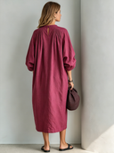 Women's Retro Casual Cotton Linen Pleated Three-Quarter Sleeve Midi Dress ZMZ1254F1ZJY