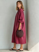 Women's Retro Casual Cotton Linen Pleated Three-Quarter Sleeve Midi Dress ZMZ1254F1ZJY