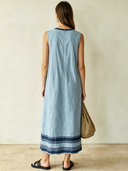 Women's Retro Casual Cotton Linen Striped Round Neck Sleeveless Midi Dress ZMZ1203F4ZJY