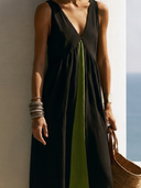 Women's Mediterranean Boho Style Cotton Linen V-Neck Sleeveless Maxi Dress ZMZ1145F3YZH
