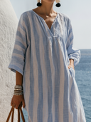 Women's Costal Casual Style Rayon Blend Stripe Notch Neck Caftan Maxi Dress ZMZ1142F6YZH