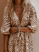 Women's Boho Safari Style Rayon Blend Zebra Print V-Neck Tie Waist Maxi Dress ZMZ1111F0YZH