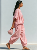 Women's Retro Casual Cotton Linen Round Neck Elbow-Length Sleeve Button-Up Top And Pants Set ZMZ1270F9ZJY