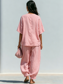 Women's Retro Casual Cotton Linen Round Neck Elbow-Length Sleeve Button-Up Top And Pants Set ZMZ1270F9ZJY